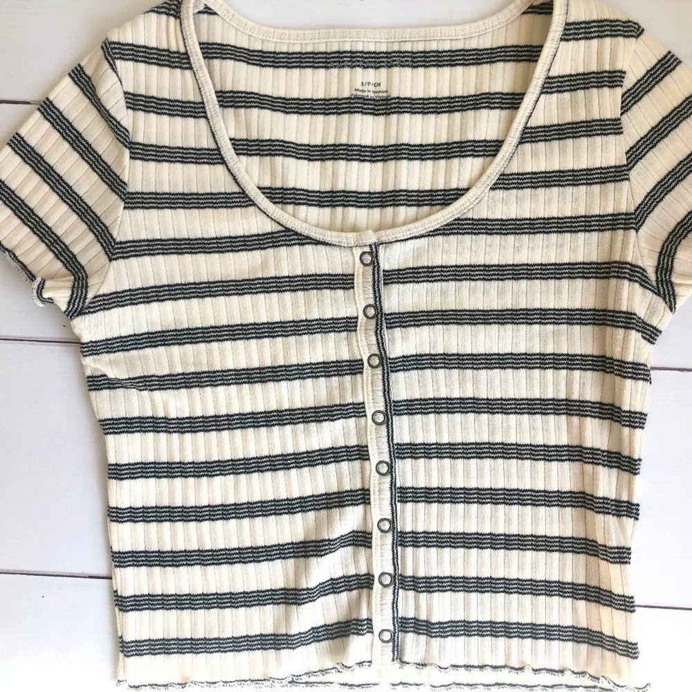 American Eagle AE Knit Baby Tee Cream Black Stripes Size S